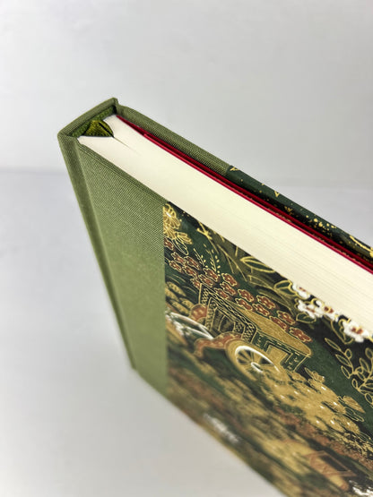 B5 Hardcover Notebook finished in Olive Green Japanese book cloth and Vintage Chiyogami Paper
