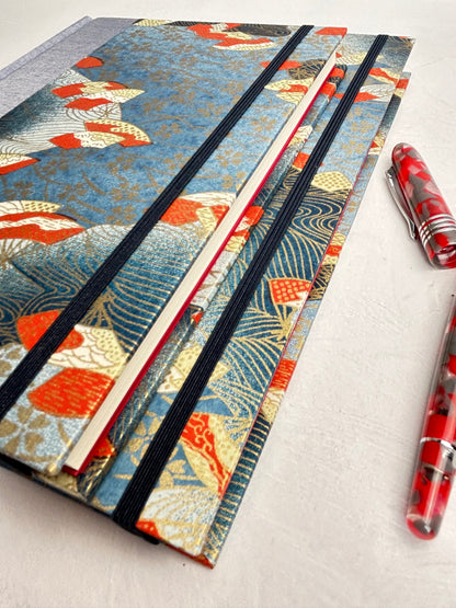 WABI-SABI B5 192-page Hardcover Journal finished in Steel Blue Japanese book cloth and vintage Chiyogami Paper