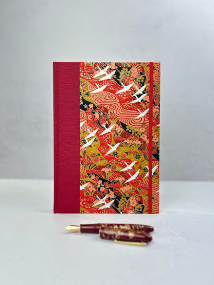 NEW B5 Hardcover Notebook finished in Cardinal Red Japanese book cloth and White Cranes on Red Chiyogami Paper