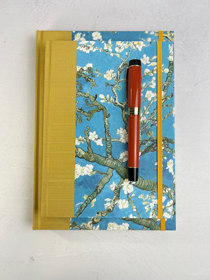 A5 Hardcover Notebook finished in Yellow Gold Japanese book cloth and Vincent Van Gogh Almond Blossoms