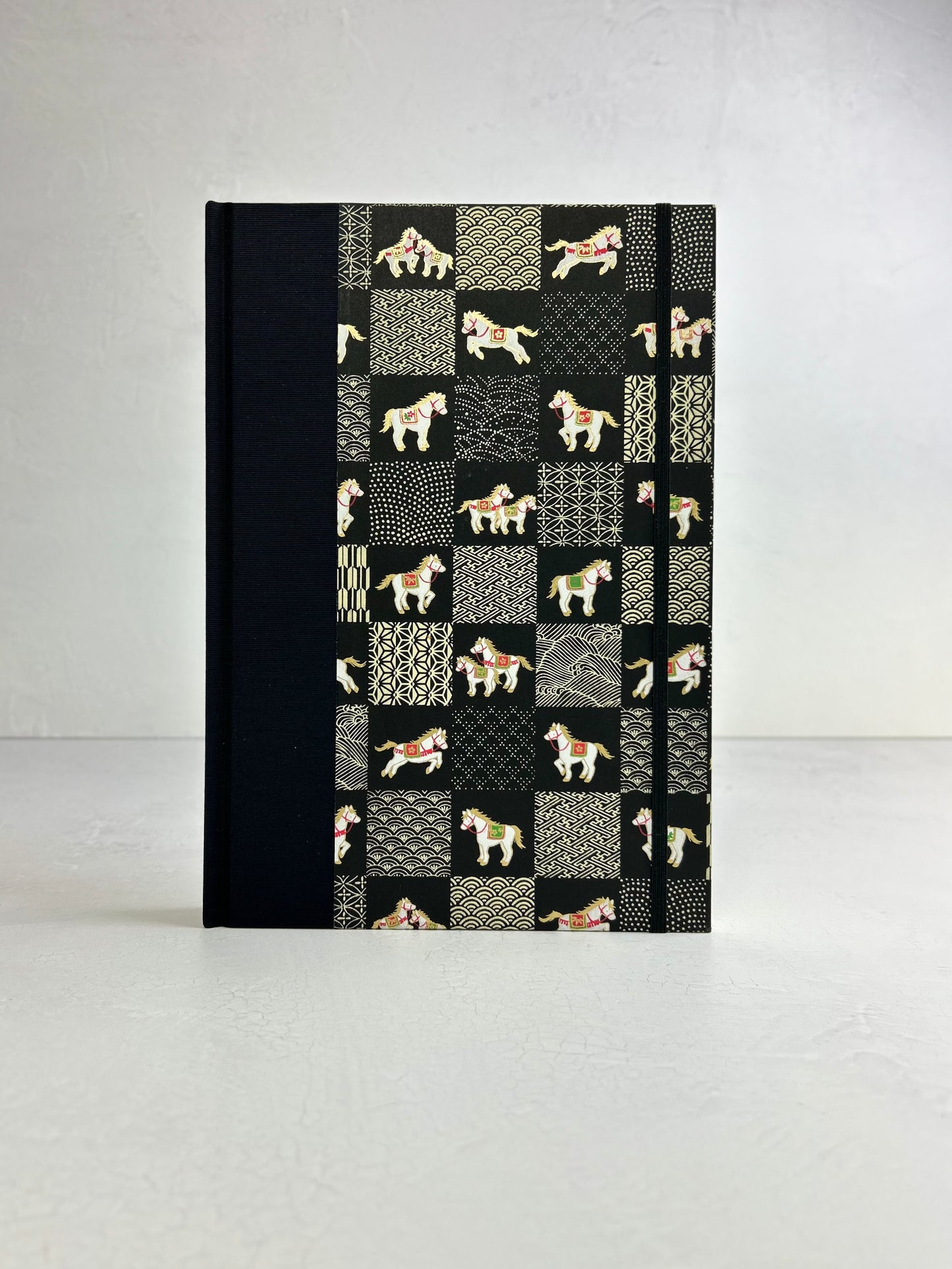 B5 192-page Hardcover Journal finished in Black Japanese book cloth and White Horse Chiyogami Paper