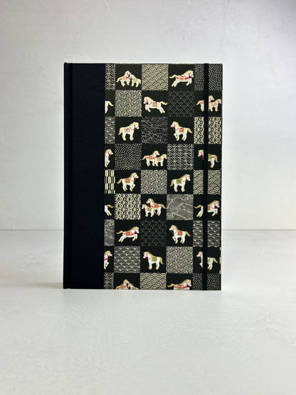 B5 192-page Hardcover Journal finished in Black Japanese book cloth and White Horse Chiyogami Paper