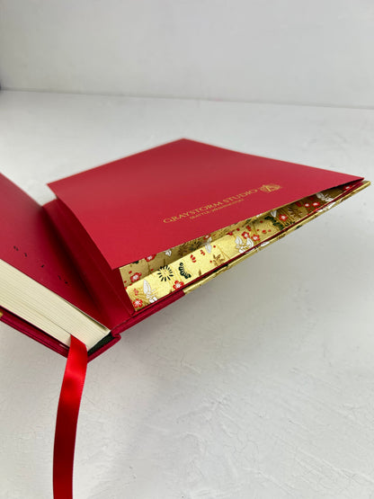 A5 160-page Hardcover Journal finished in Cardinal Red Japanese book cloth and White Cranes on Gold Chiyogami Paper