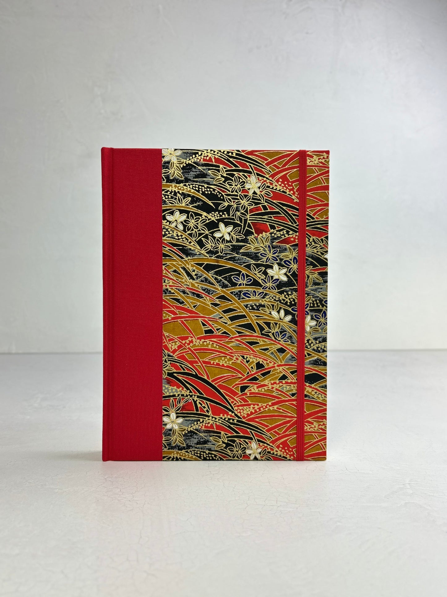 A5 160-page Hardcover Journal finished in Red Italian Verona book cloth and Vintage Floral Chiyogami Paper