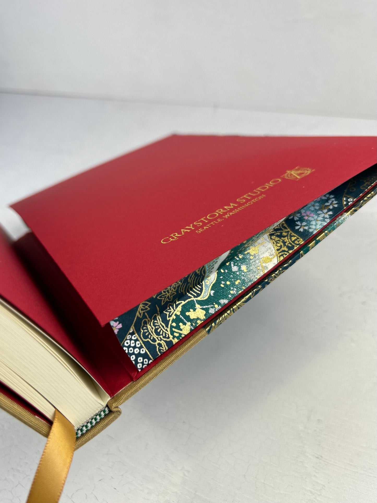 A5 160-page Hardcover Journal finished in Soft Gold Japanese book cloth and Floral Chiyogami Paper
