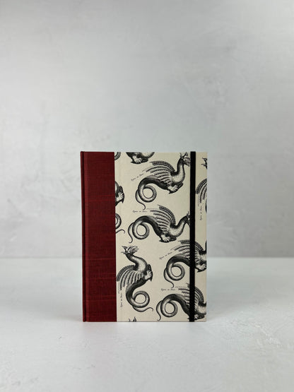 NEW A5 Hardcover Notebook finished in Blood Red Japanese book cloth and Italian Medieval Letterpress Dragons Paper