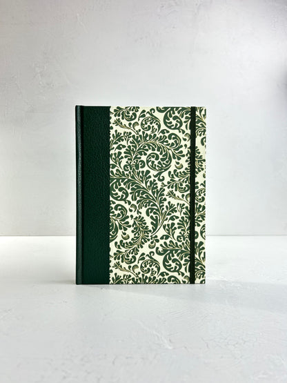 A5 160-page Hardcover Journal finished in Green Vaux Leather and green and gold fern Italian Florentine print