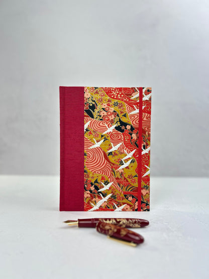 A5 Hardcover Notebook finished in Cardinal Red Japanese book cloth and White Cranes on Red Chiyogami Paper