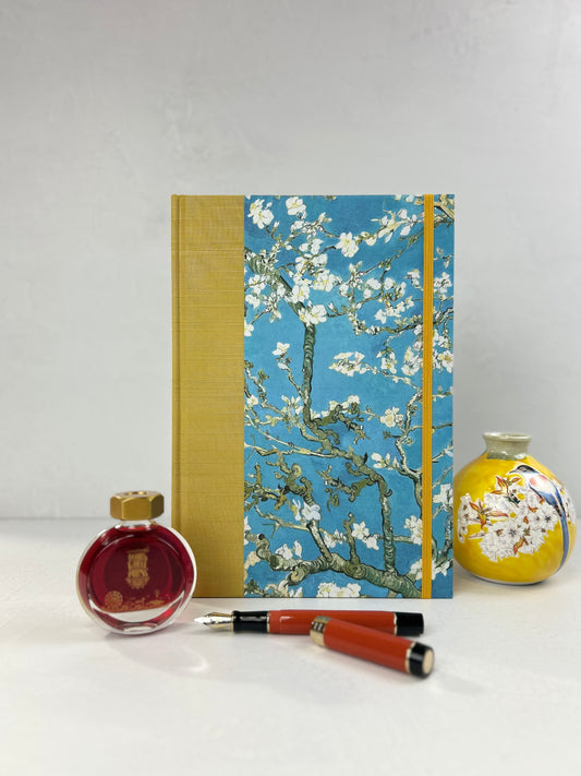 (JANUARY 2026 DELIVERY) B5 Hardcover Notebook finished in Yellow Gold Japanese book cloth and Vincent Van Gogh Almond Blossoms