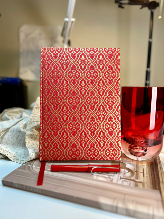Indian Print Gold Lace on Red Handcrafted B5 Hardcover Notebook