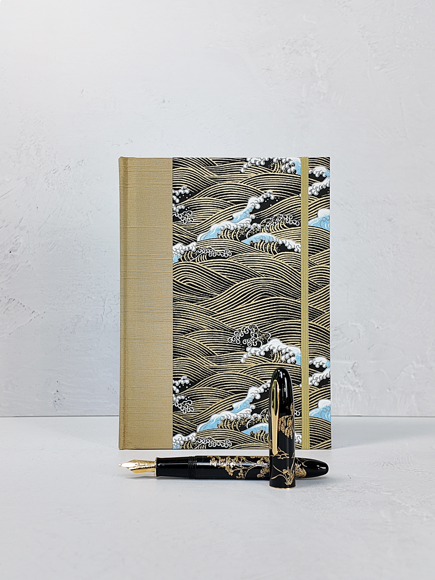 PRE-ORDER NEW A5 160-page Hardcover Journal finished in Soft Gold and Gold and Blue Waves Chiyogami Paper