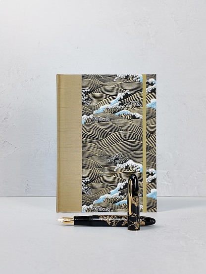 PRE-ORDER NEW A5 160-page Hardcover Journal finished in Soft Gold and Gold and Blue Waves Chiyogami Paper