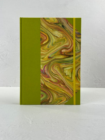 B5 192-page Hardcover Journal finished in Lemon Grass Verona book cloth and yellow/green French Marble Paper