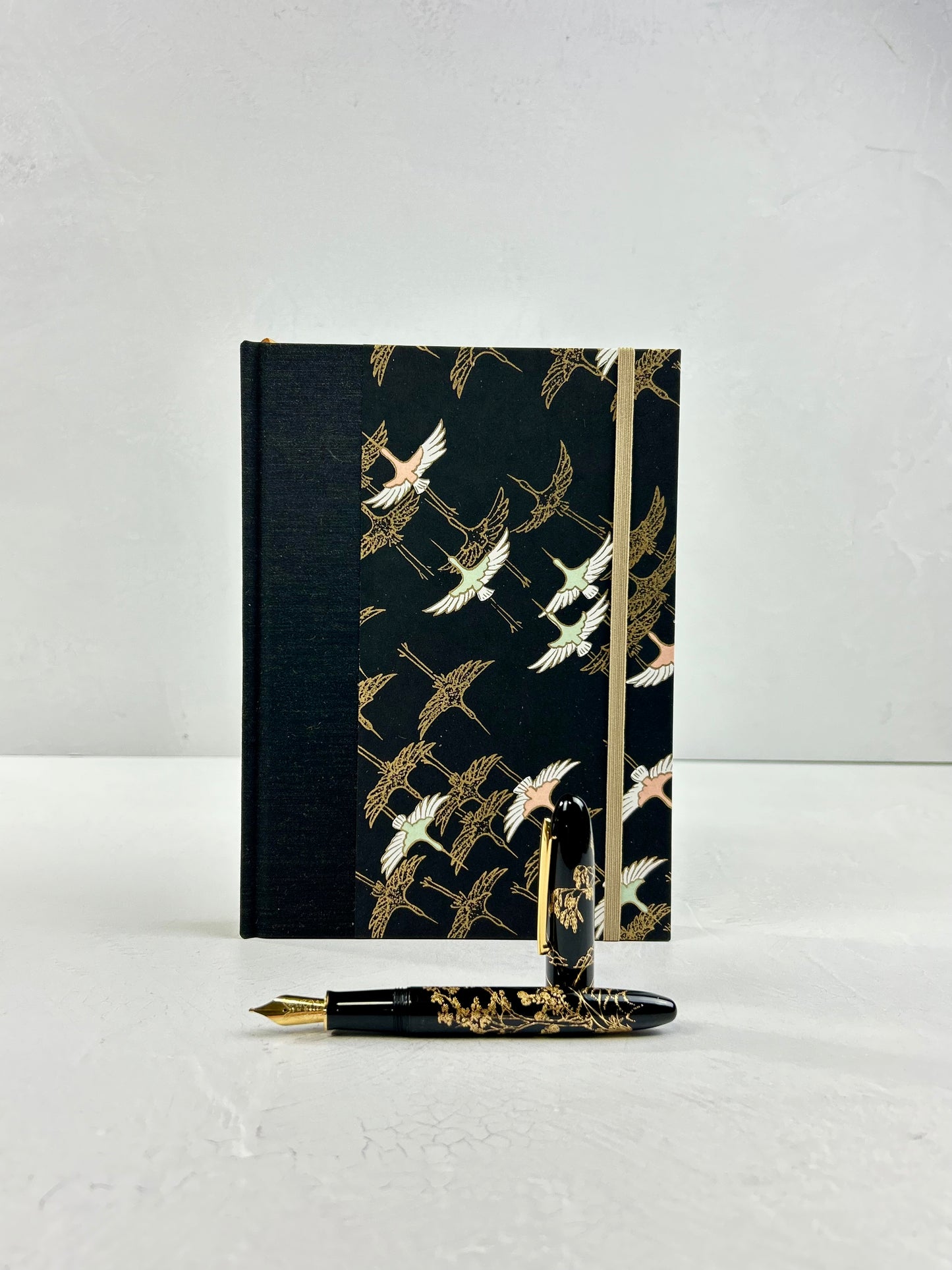 A5 160-page Hardcover Journal finished in Mohair Black Japanese book cloth and Gold Cranes Vintage Chiyogami
