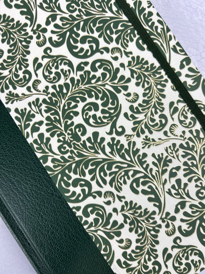 A5 160-page Hardcover Journal finished in Green Vaux Leather and green and gold fern Italian Florentine print