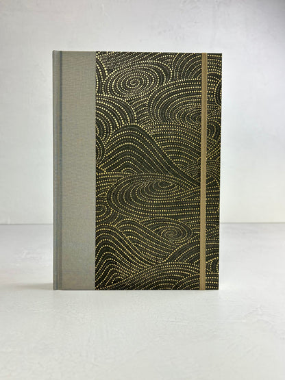 B5 192-page Hardcover Journal finished in Blue Gold Japanese book cloth and Gold on Bronze Chiyogami Decorative Paper