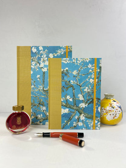 A5 Hardcover Notebook finished in Yellow Gold Japanese book cloth and Vincent Van Gogh Almond Blossoms