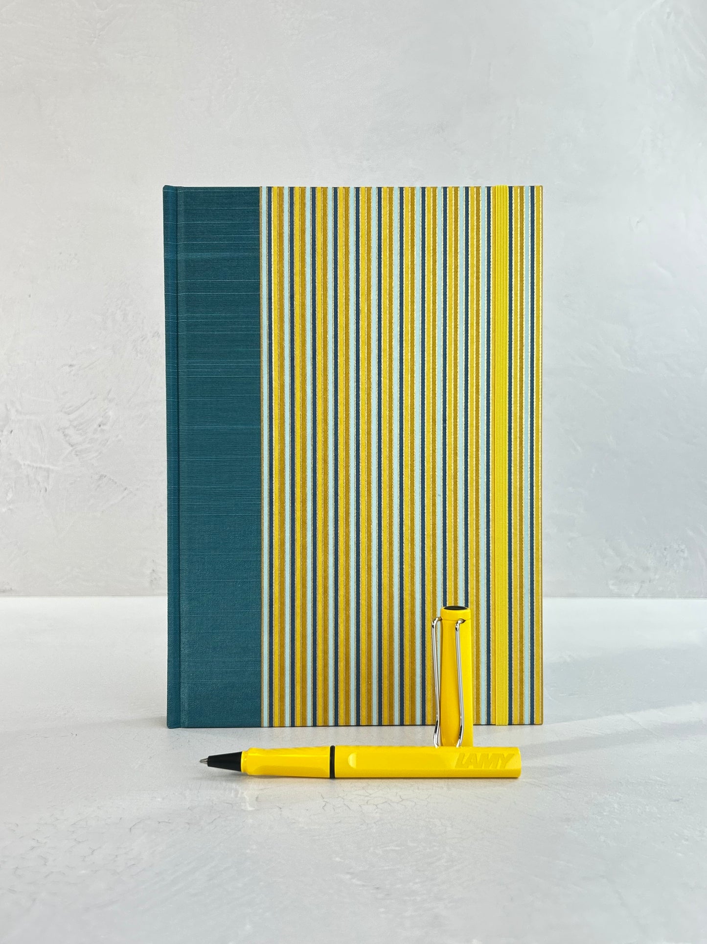 B5 192-page Hardcover Journal finished in Marine Blue Japanese book cloth and pinstripe Chiyogami Paper