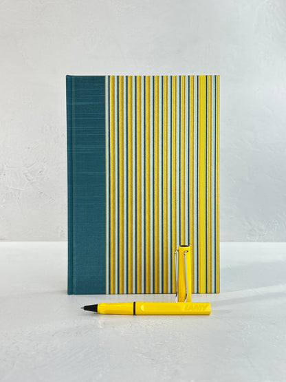 B5 192-page Hardcover Journal finished in Marine Blue Japanese book cloth and pinstripe Chiyogami Paper