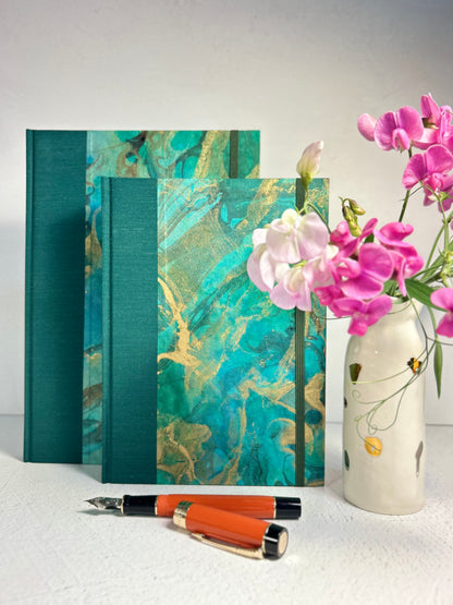 B5 Hardcover Notebook finished in Mohair Green Japanese Bookcloth and Hand Marbled Thai Momi Paper