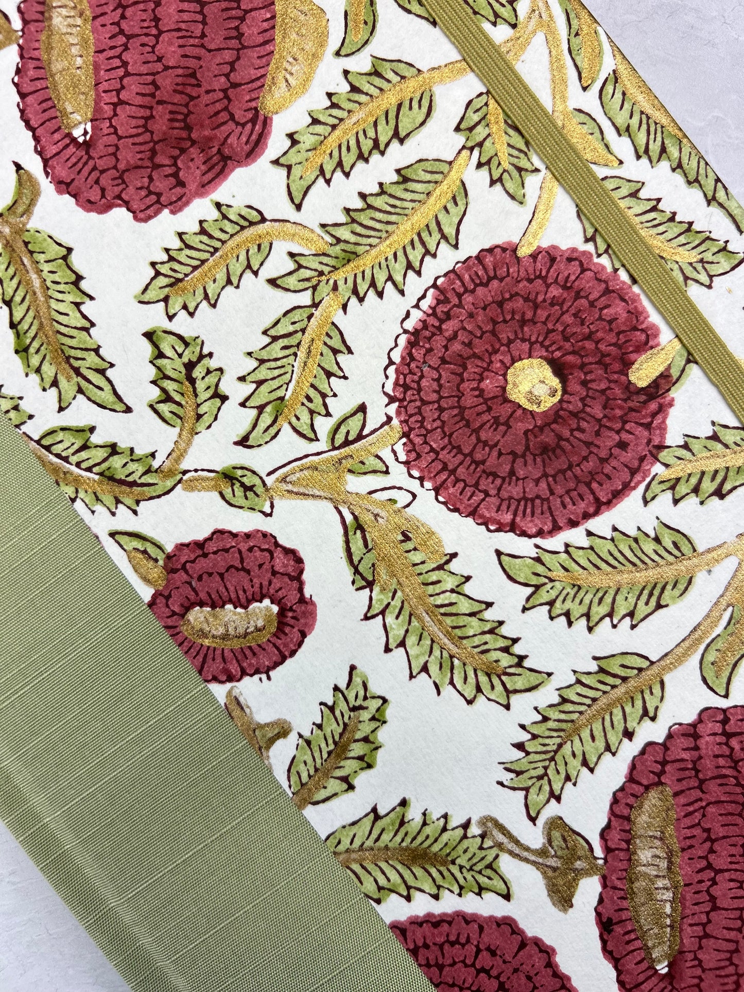 B5 192-page Hardcover Journal finished in Celery Japanese book cloth and Red Floral Chiyogami Paper