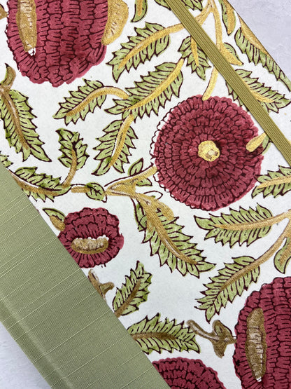 B5 192-page Hardcover Journal finished in Celery Japanese book cloth and Red Floral Chiyogami Paper