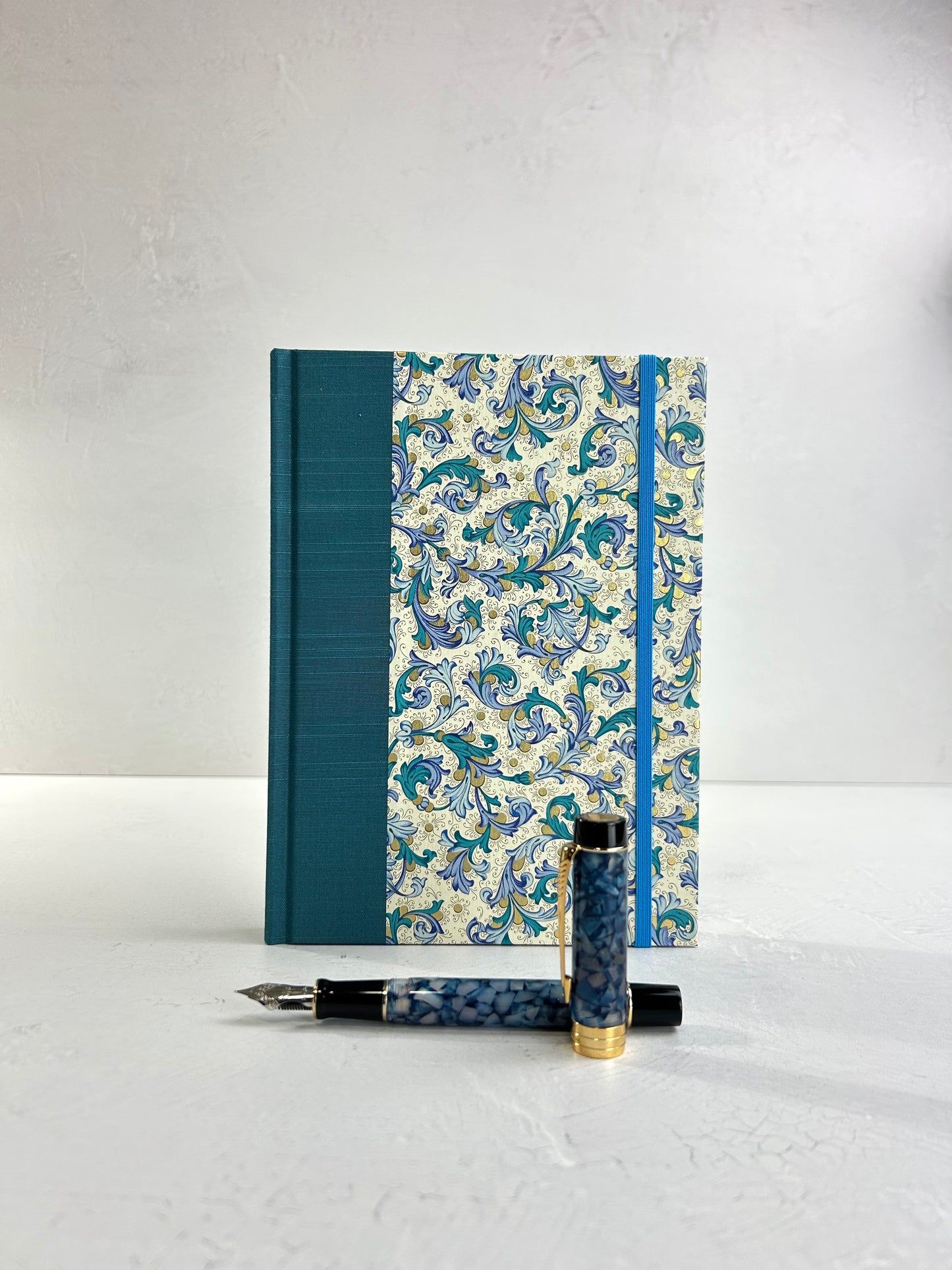 A5 160-page Hardcover Journal finished in Marine Blue Japanese book cloth and blue paisley Florentine Italian print