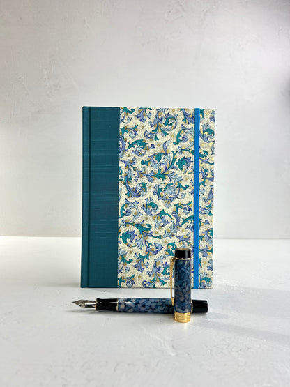 A5 160-page Hardcover Journal finished in Marine Blue Japanese book cloth and blue paisley Florentine Italian print