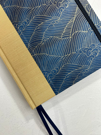 A5 160-page Hardcover Journal finished in soft gold Japanese book cloth and golden waves on blue Chiyogami Paper