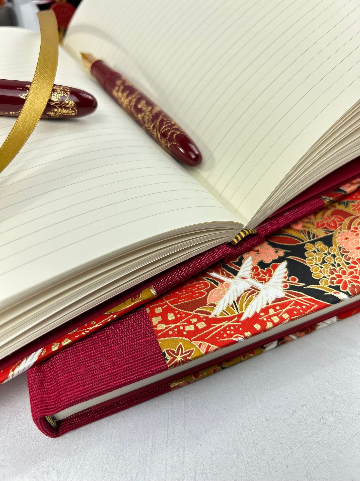 NEW B5 Hardcover Notebook finished in Cardinal Red Japanese book cloth and White Cranes on Red Chiyogami Paper