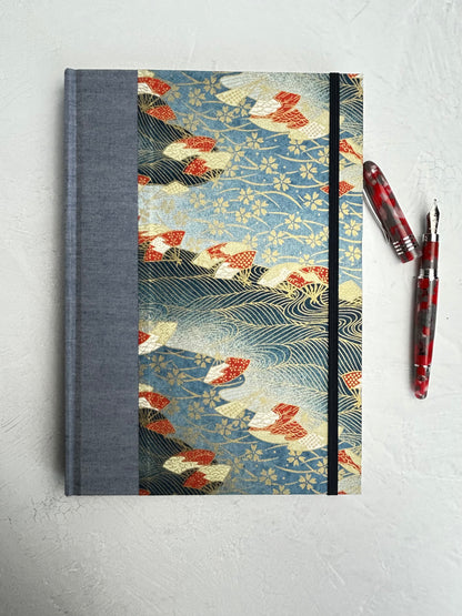 WABI-SABI B5 192-page Hardcover Journal finished in Steel Blue Japanese book cloth and vintage Chiyogami Paper