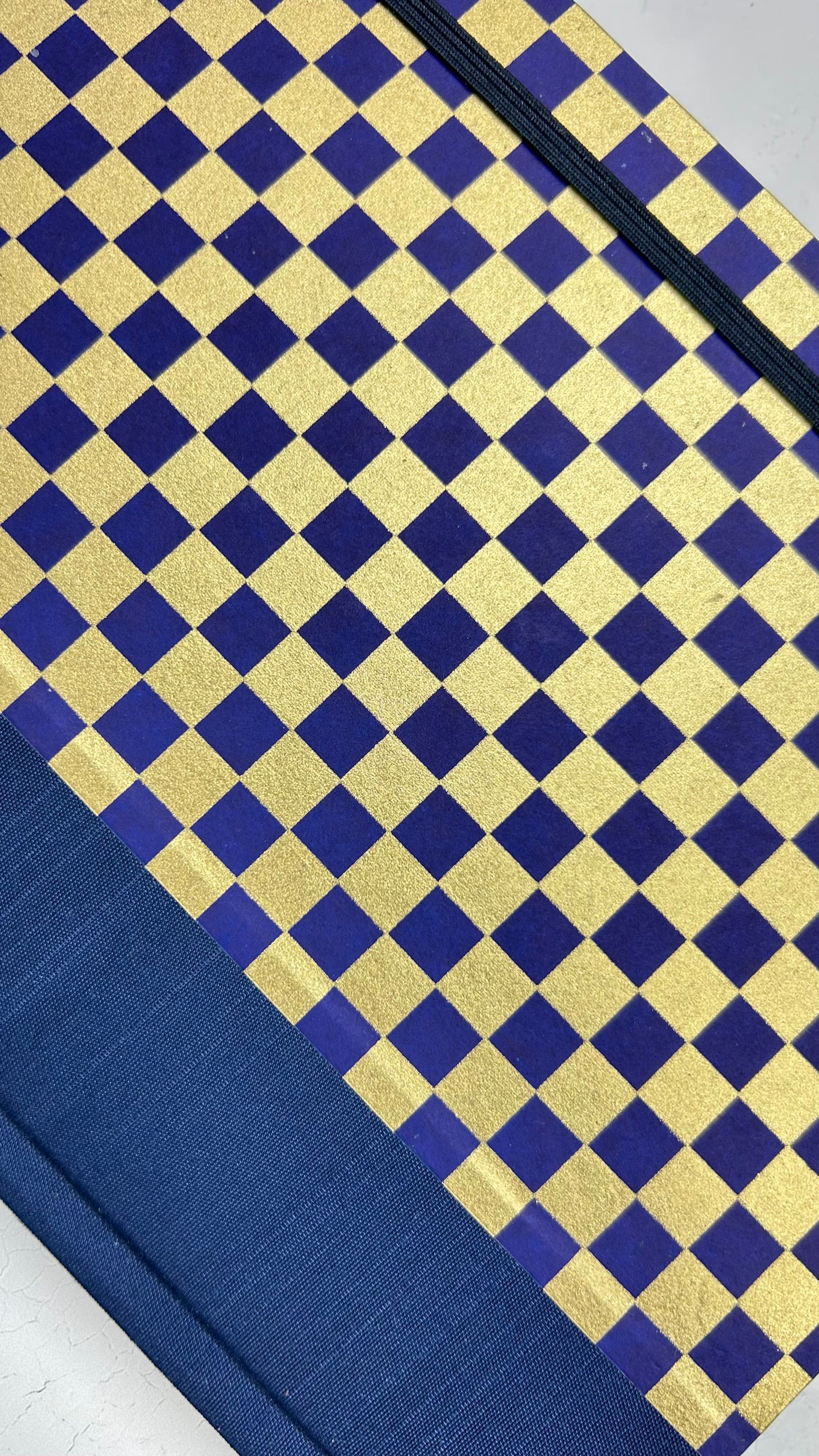 A5 160-page Hardcover Journal finished in Cadet Blue Japanese book cloth and Checkered Chiyogami Paper