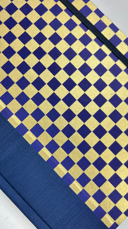 A5 160-page Hardcover Journal finished in Cadet Blue Japanese book cloth and Checkered Chiyogami Paper
