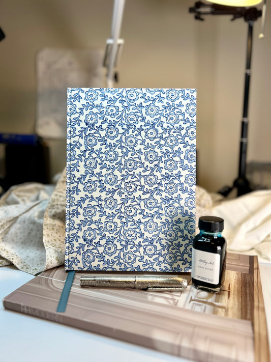 Florentine Print Blue Flowers on White Handcrafted B5 Hardcover Notebook