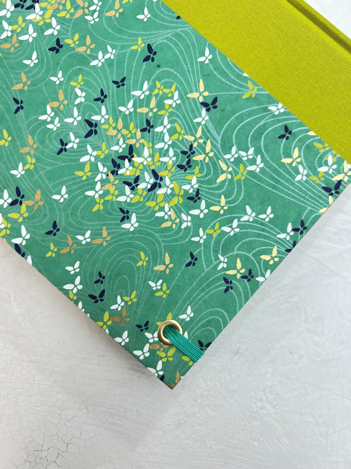 A5 160-page Hardcover Journal finished in Lemongrass Verona book cloth and Butterfly Chiyogami Paper