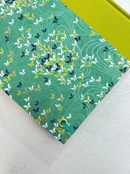 A5 160-page Hardcover Journal finished in Lemongrass Verona book cloth and Butterfly Chiyogami Paper