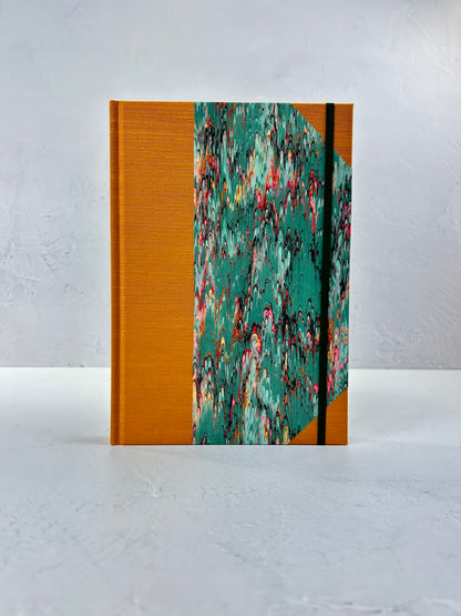 B5 192-page Hardcover Journal finished in Ochre Japanese book cloth and green French Marble Paper