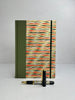 B5 192-page Hardcover Journal finished in olive green Japanese book cloth and gold, black and red geometric Chiyogami Paper
