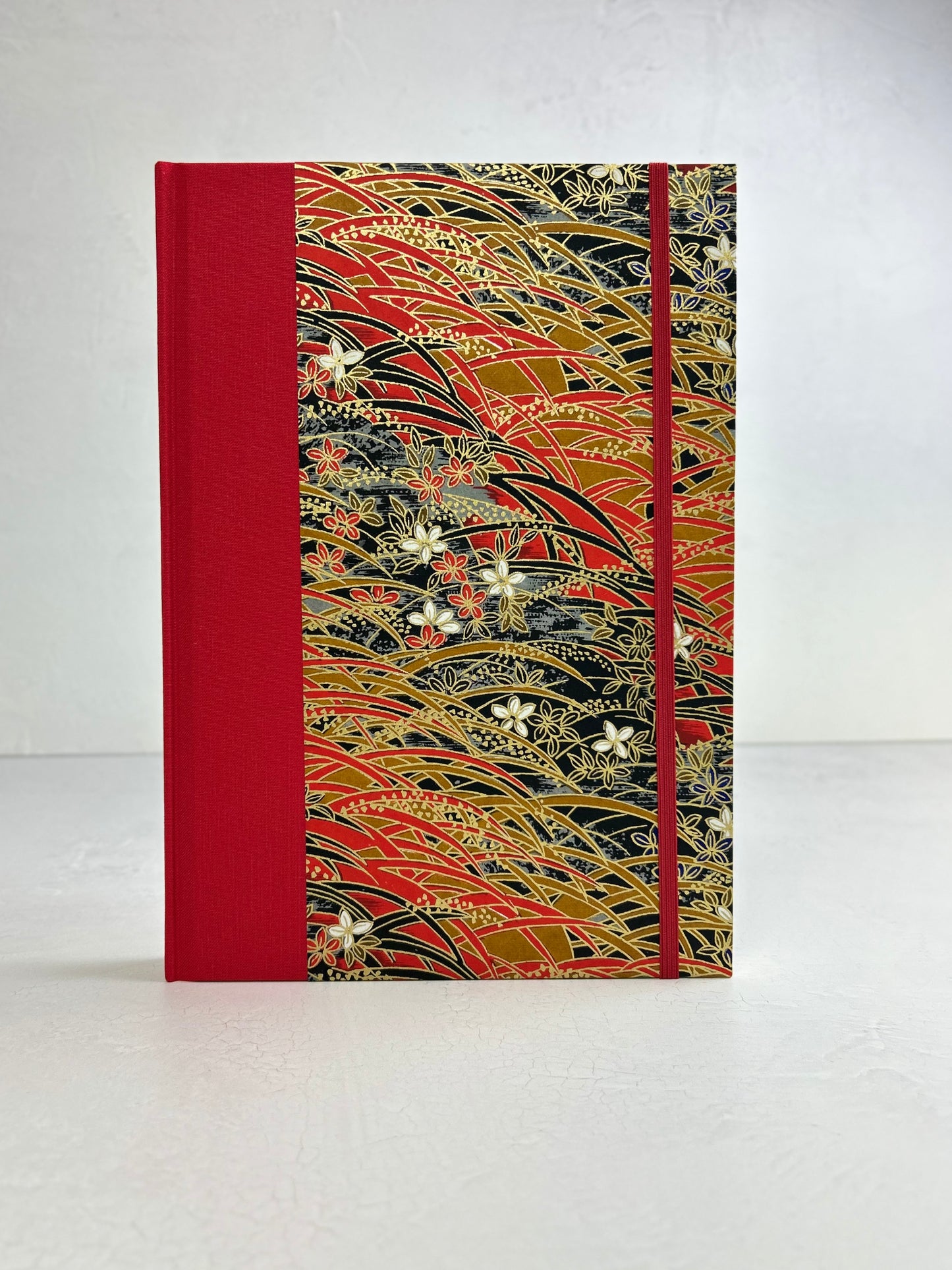 B5 192-page Hardcover Journal finished in Red Italian Verona book cloth and Vintage Floral Chiyogami Paper