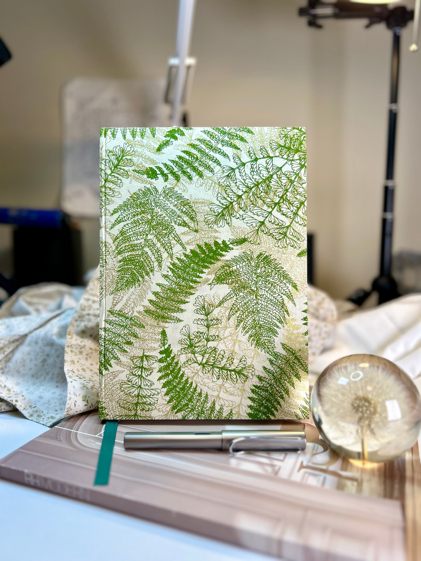 Green and Gold Fern Screenprint on Nepalese Lota Paper, Handcrafted B5 Hardcover Notebook
