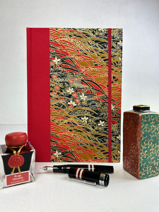 B5 192-page Hardcover Journal finished in Red Italian Verona book cloth and Vintage Floral Chiyogami Paper