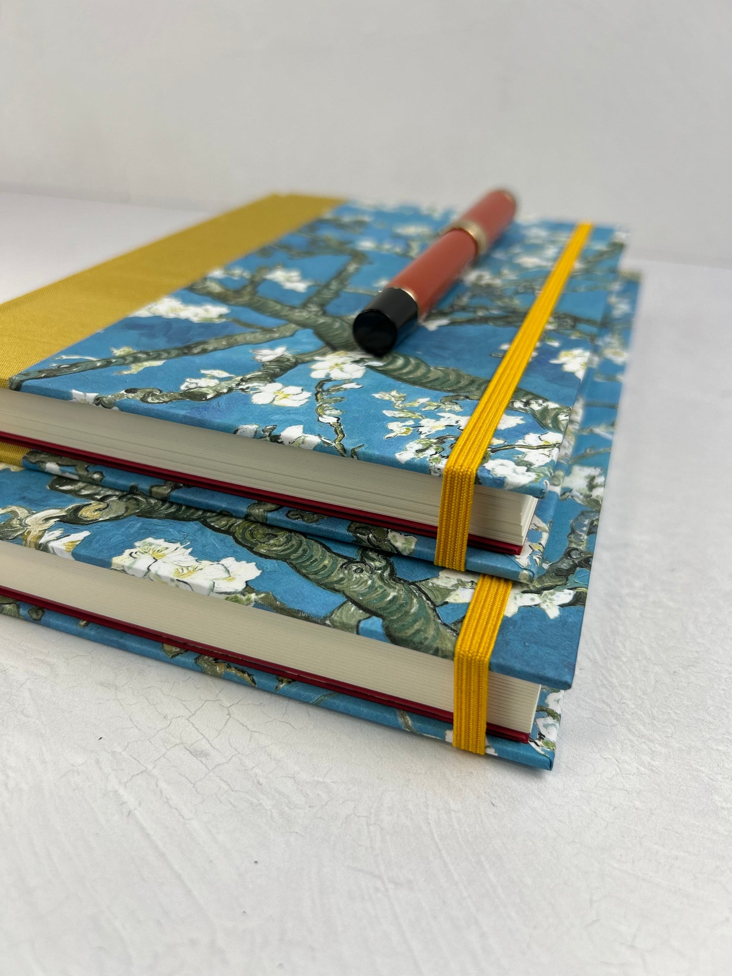 A5 Hardcover Notebook finished in Yellow Gold Japanese book cloth and Vincent Van Gogh Almond Blossoms
