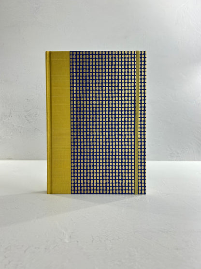 B5 192-page Hardcover Journal finished in Yellow Gold Japanese book cloth and blue and gold Chiyogami Paper