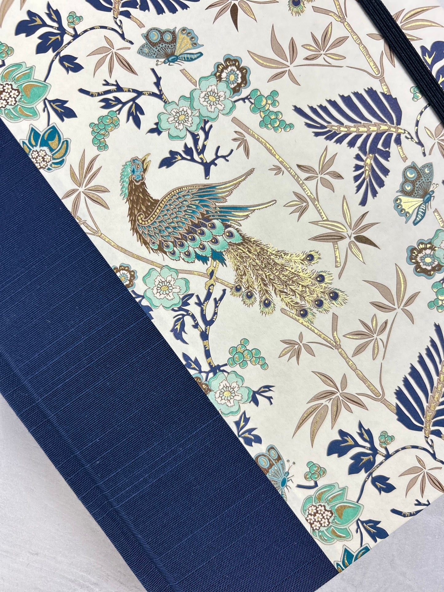 B5 Hardcover Notebook finished in Cadette Blue Japanese book cloth and Gold Peacock Italian Print
