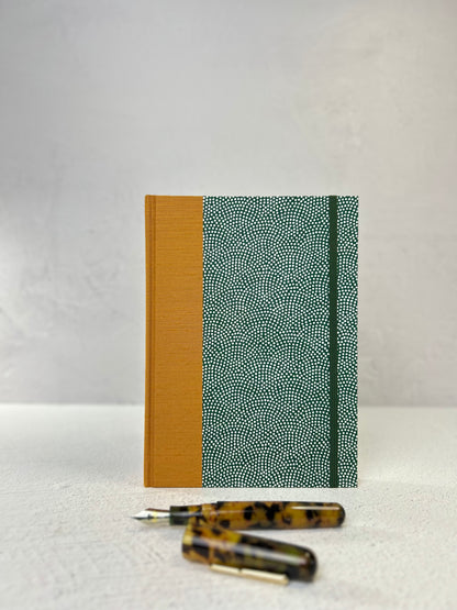 A5 Hardcover Notebook finished in White Polka Dots on Green Chiyogami Paper