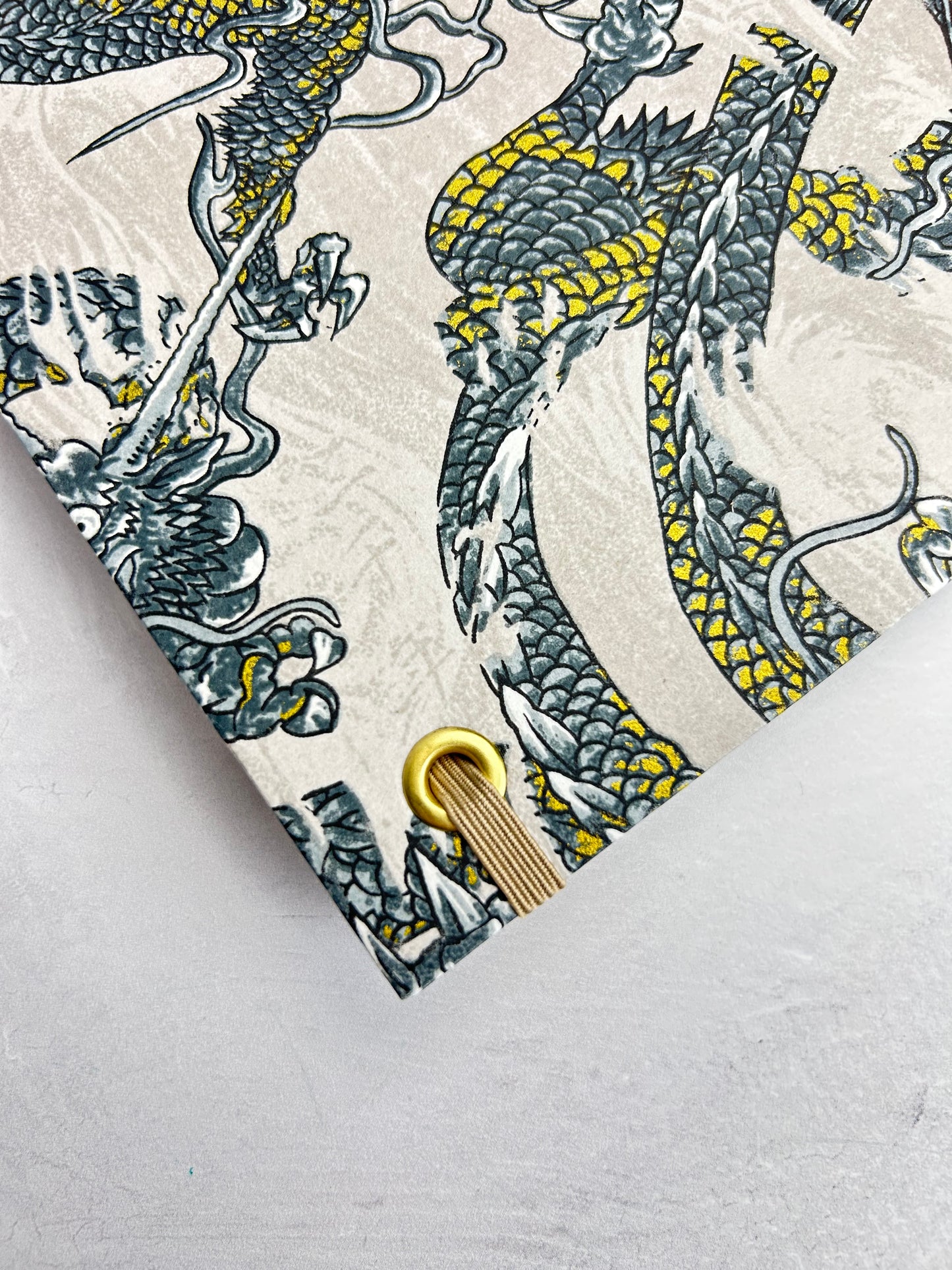 A5 160-page Hardcover Journal finished in Bronze Japanese book cloth and Dragon Chiyogami Paper