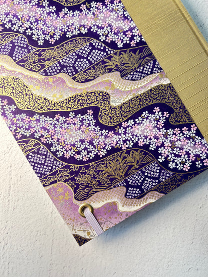 A5 Hardcover Notebook finished in Soft Gold Japanese book cloth and Imperial Purple and Gold Chiyogami