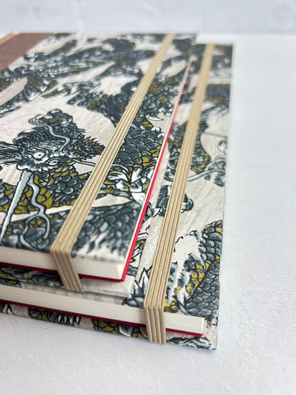 A5 160-page Hardcover Journal finished in Bronze Japanese book cloth and Dragon Chiyogami Paper