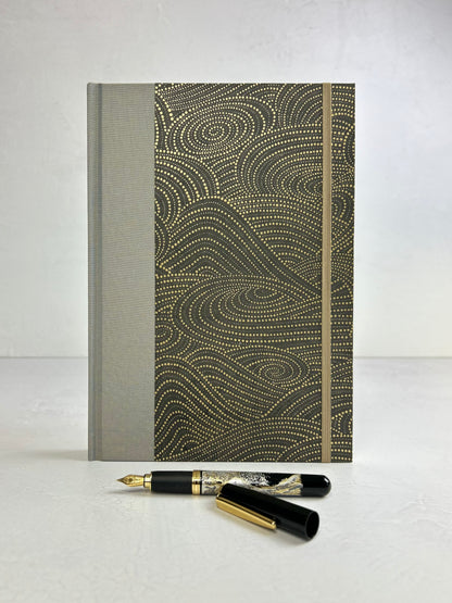 B5 192-page Hardcover Journal finished in Blue Gold Japanese book cloth and Gold on Bronze Chiyogami Decorative Paper
