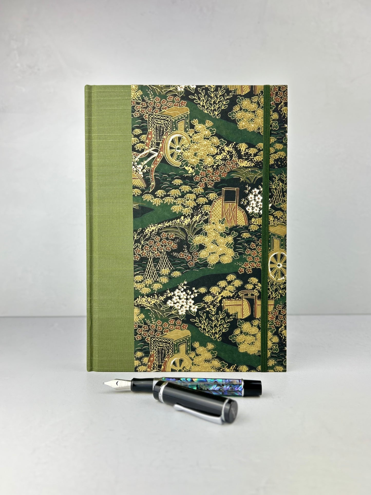 B5 Hardcover Notebook finished in Olive Green Japanese book cloth and Vintage Chiyogami Paper